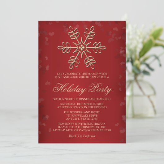Elegant Red and Gold Snowflake Holiday Party Kaart (Staand voorkant)