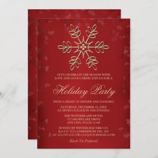 Elegant Red and Gold Snowflake Holiday Party Kaart (Voorkant / Achterkant)