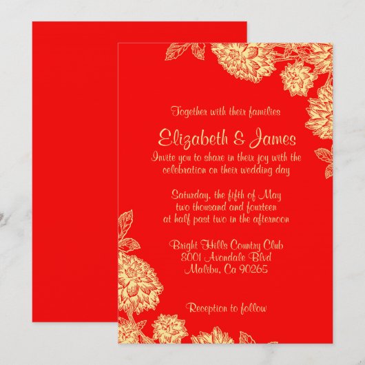 Elegant Red and Gold Wedding Invitations Kaart (Voorkant / Achterkant)