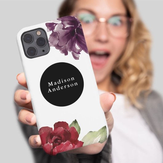 Elegant Red and Plum Waterverf Floral met naam Case-Mate iPhone Case