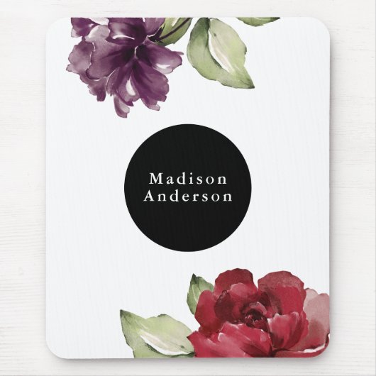 Elegant Red and Plum Waterverf Floral met naam Muismat (Voorkant)