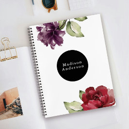 Elegant Red and Plum Waterverf Floral met naam Notitieboek