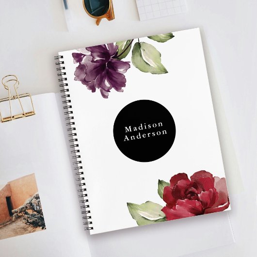 Elegant Red and Plum Waterverf Floral met naam Notitieboek