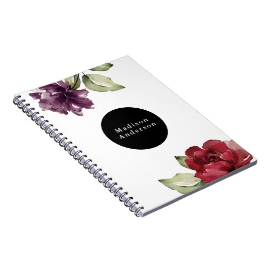 Elegant Red and Plum Waterverf Floral met naam Notitieboek (Rechterzijde)