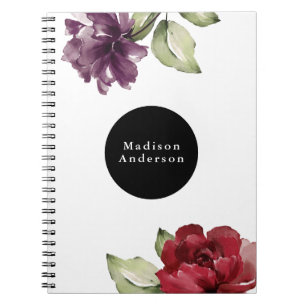 Elegant Red and Plum Waterverf Floral met naam Notitieboek