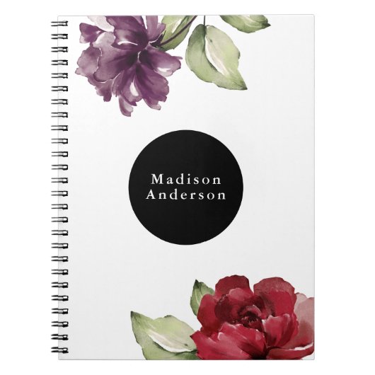 Elegant Red and Plum Waterverf Floral met naam Notitieboek (Voorkant)