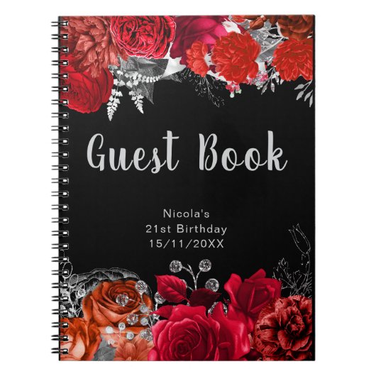 Elegant Red and Silver Flowers Birthday Guest Book Notitieboek (Voorkant)