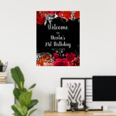 Elegant Red and Silver Flowers Birthday Part Poster (Thuiskantoor)