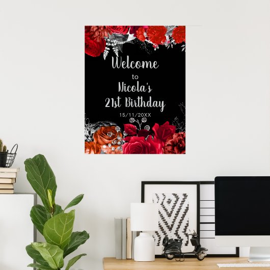 Elegant Red and Silver Flowers Birthday Part Poster (Thuiskantoor)
