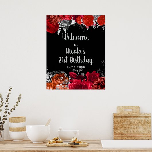 Elegant Red and Silver Flowers Birthday Part Poster (Keuken)