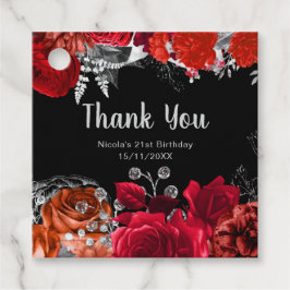 Elegant Red and Silver Flowers Birthday Party Bedankjes Labels