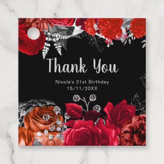 Elegant Red and Silver Flowers Birthday Party Bedankjes Labels (Voorkant)