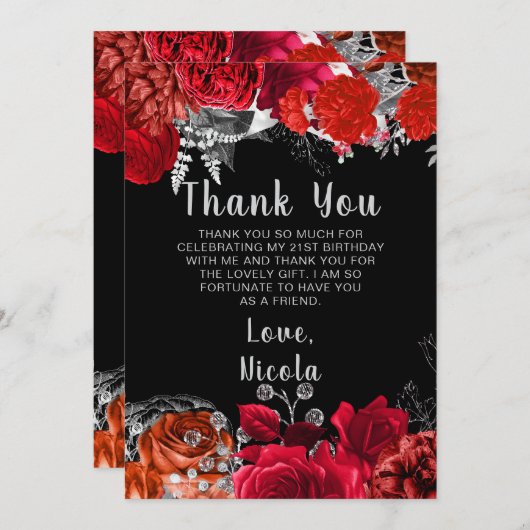 Elegant Red and Silver Flowers Birthday Party Bedankkaart (Voorkant / Achterkant)