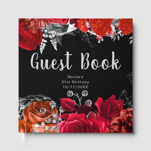 Elegant Red and Silver Flowers Birthday Party Gastenboek (Voorkant)
