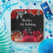 Elegant Red and Silver Flowers Birthday Party Papieren Bordje (Feest)
