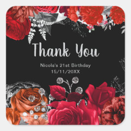 Elegant Red and Silver Flowers Birthday Party Vierkante Sticker