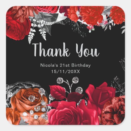 Elegant Red and Silver Flowers Birthday Party Vierkante Sticker (Voorkant)