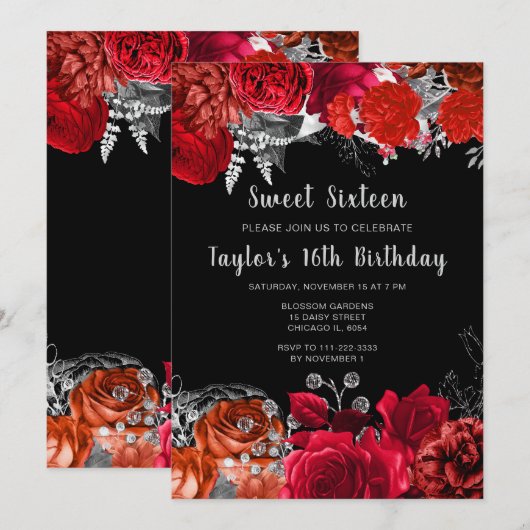 Elegant Red and Silver Flowers Sweet Sixteen Kaart (Voorkant / Achterkant)