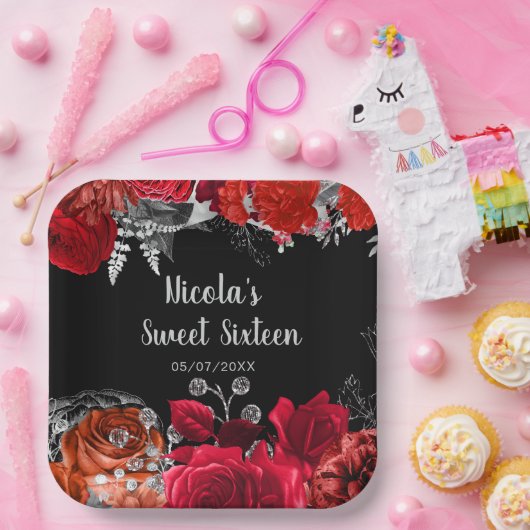 Elegant Red and Silver Flowers Sweet Sixteen Papieren Bordje (Feest)