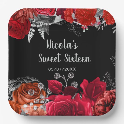 Elegant Red and Silver Flowers Sweet Sixteen  Papieren Bordje (Voorkant)