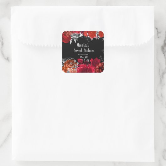 Elegant Red and Silver Flowers Sweet Sixteen  Vierkante Sticker (Tas)