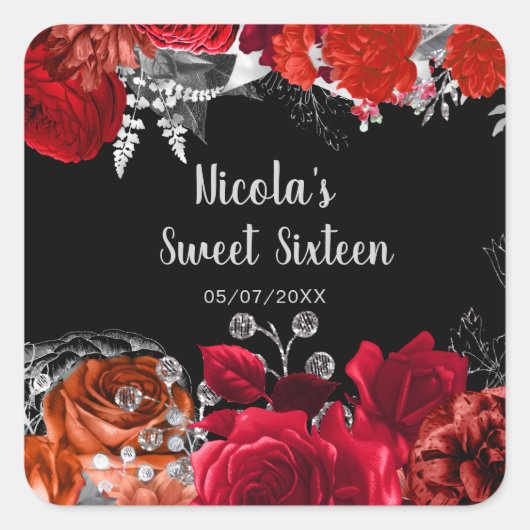 Elegant Red and Silver Flowers Sweet Sixteen  Vierkante Sticker (Voorkant)