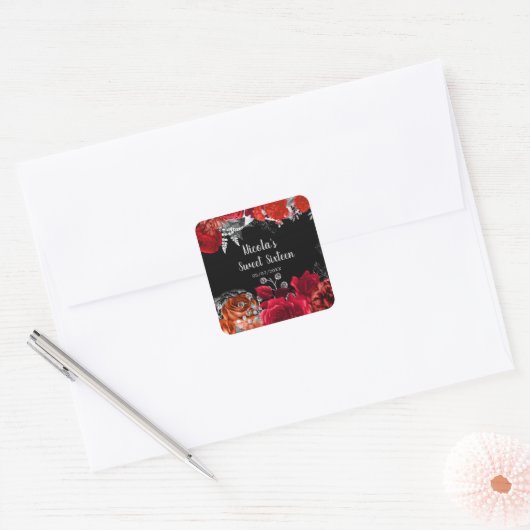 Elegant Red and Silver Flowers Sweet Sixteen Vierkante Sticker (Envelop)