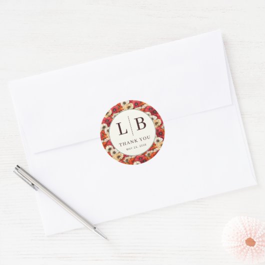 Elegant Red and White Floral Pattern Ronde Sticker (Envelop)