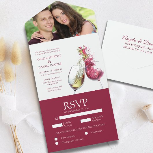 Elegant Red and White Wine Dance Photo Wedding All In One Uitnodiging