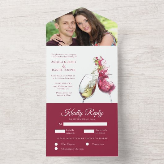 Elegant Red and White Wine Dance Photo Wedding All In One Uitnodiging (Binnen)