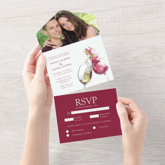 Elegant Red and White Wine Dance Photo Wedding All In One Uitnodiging (Afscheurbaar)