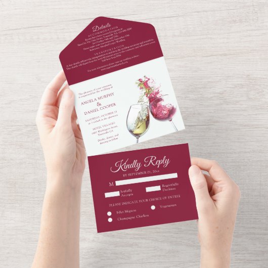 Elegant Red and White Wine Dance Wedding All In One Uitnodiging (Afscheurbaar)