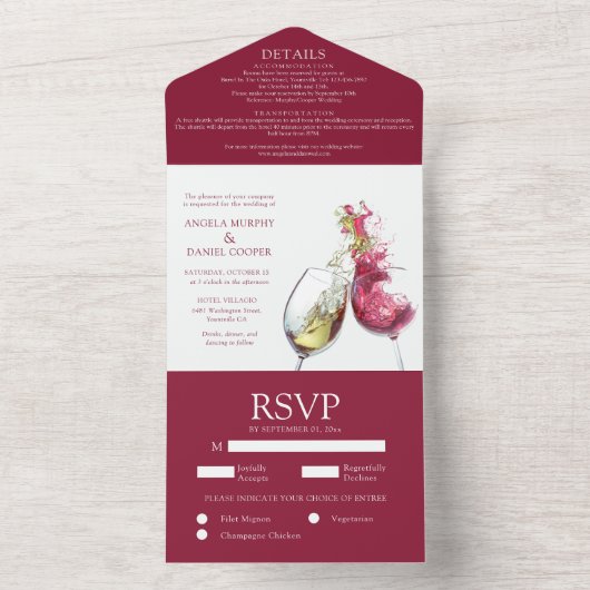 Elegant Red and White Wine Dance Wedding All In One Uitnodiging (Binnen)
