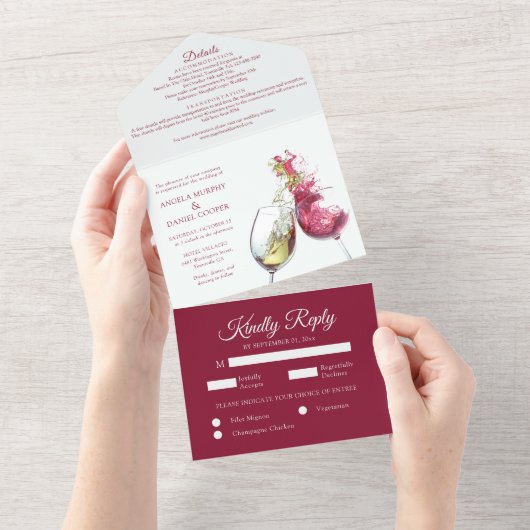 Elegant Red and White Wine Dance Wedding All In One Uitnodiging (Afscheurbaar)