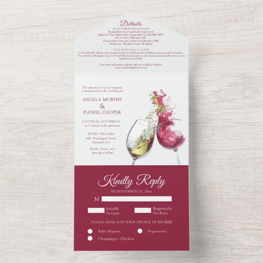 Elegant Red and White Wine Dance Wedding All In One Uitnodiging (Binnen)