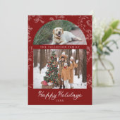 Elegant Red Arch Family Photo Christmas Feestdagenkaart (Staand voorkant)