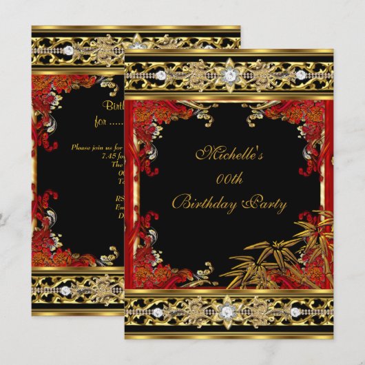 Elegant Red Asian Gold Bamboo Birthday Party Kaart (Voorkant / Achterkant)