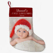 Elegant Red Baby Photo Custom Name Kleine Kerstsok (Voorkant)