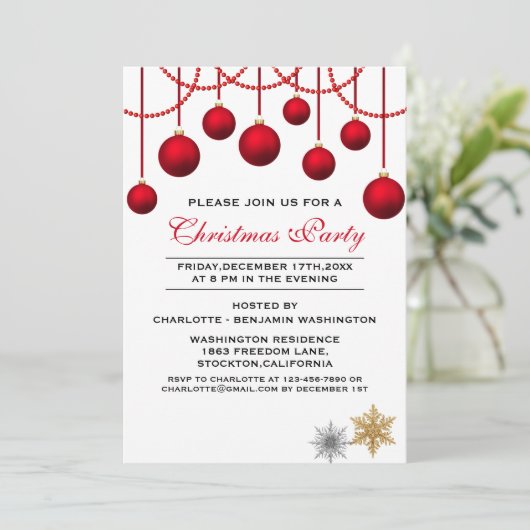 Elegant Red Bauble - Uitnodiging voor kerstfeestda (Staand voorkant)