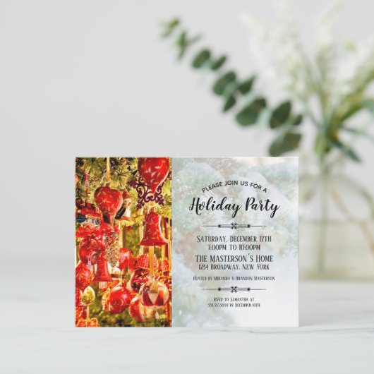 Elegant Red Baubles en Bells Holiday Party Uitnodiging Briefkaart (Staand voorkant)
