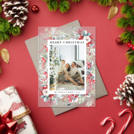 Elegant Red Berries Family Photo Christmas Card Acryl Uitnodigingen