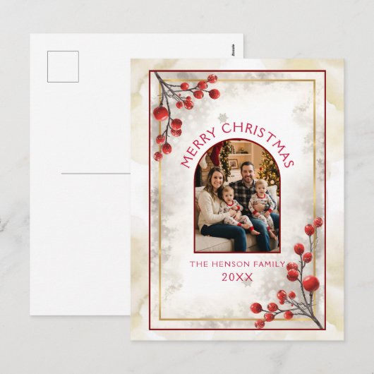 Elegant Red Berries Family Photo Christmas Feestdagenkaart (Voorkant / Achterkant)