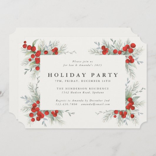 Elegant Red Berries kerstfeestdag Kaart (Voorkant / Achterkant)