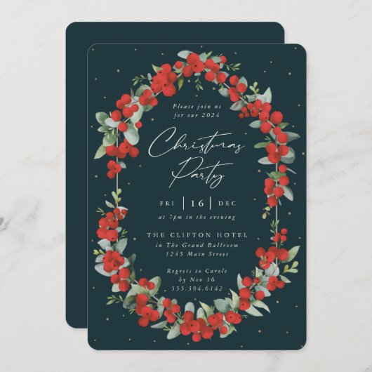 Elegant Red Berry + Eucalyptusfeestdag Kaart (Voorkant / Achterkant)