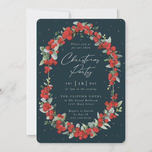 Elegant Red Berry + Eucalyptusfeestdag Kaart (Voorkant)