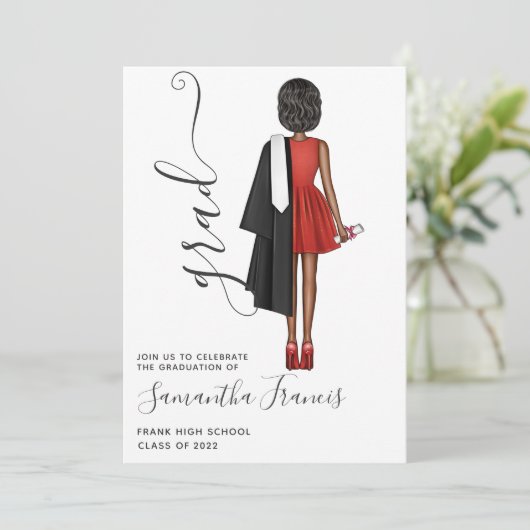 Elegant Red, Black and White Girl Graduparty Kaart (Staand voorkant)