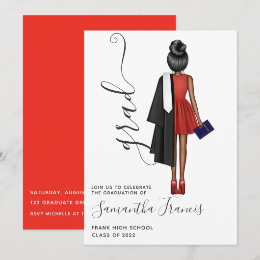 Elegant Red, Black and White Girl Graduparty Kaart (Voorkant / Achterkant)
