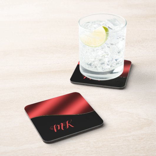 Elegant Red & Black Classy Monogramed Bier Onderzetter (Rechterzijde)