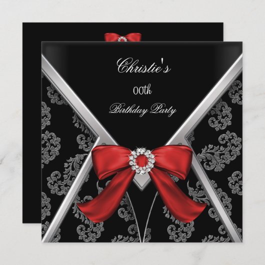 Elegant Red Black Damask Bow Birthday Party Kaart (Voorkant / Achterkant)