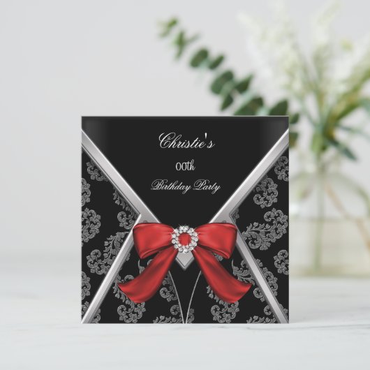 Elegant Red Black Damask Bow Birthday Party Kaart (Staand voorkant)